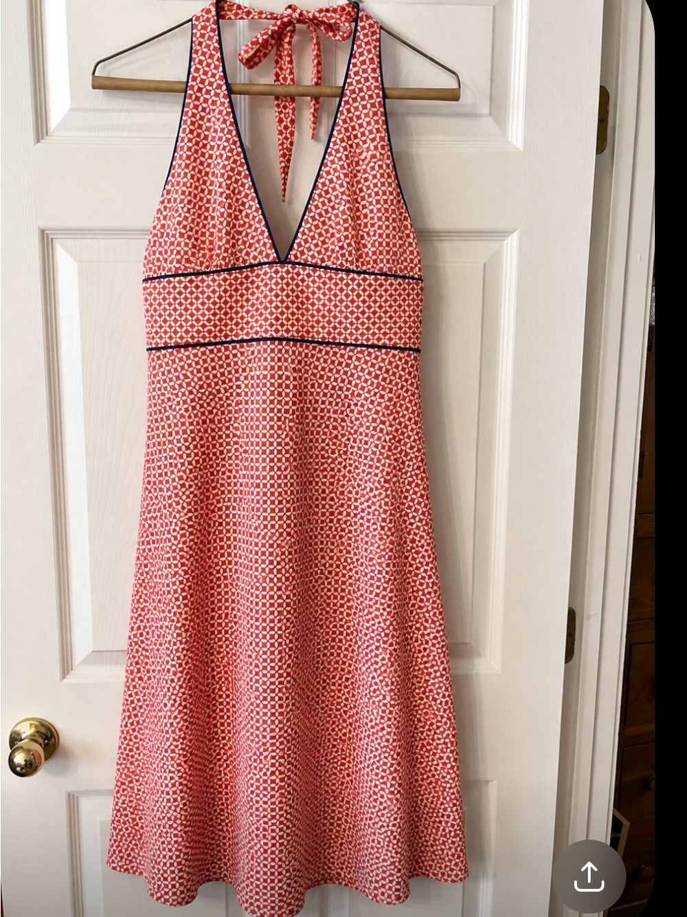 J. Crew Coral Halter A-Line Dress with Navy Trim